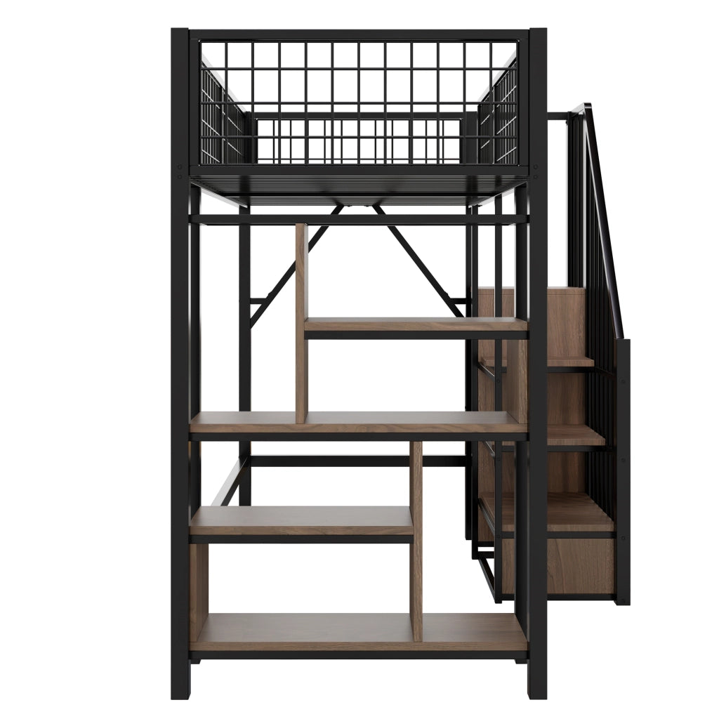 Letto a soppalco 90x200 cm con scala contenitore, struttura in metallo e legno, nero