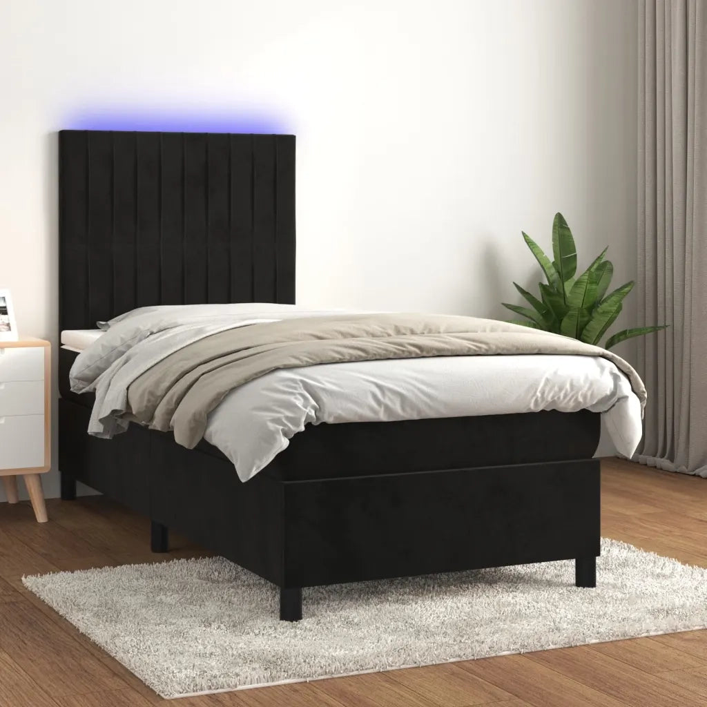 Letto singolo | Letto per adulti | Letto a Molle con Materasso e LED Nero 90x200 cm in Velluto