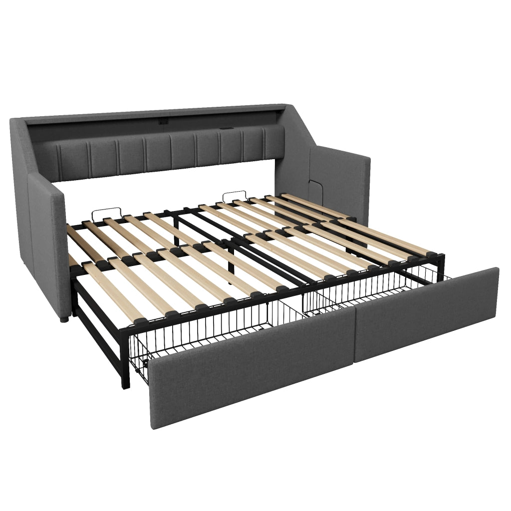 Divano letto estraibile 140 x 200 cm; 3 cassetti; luci LED; prese USB e USB C; truciolare e MDF; bianco