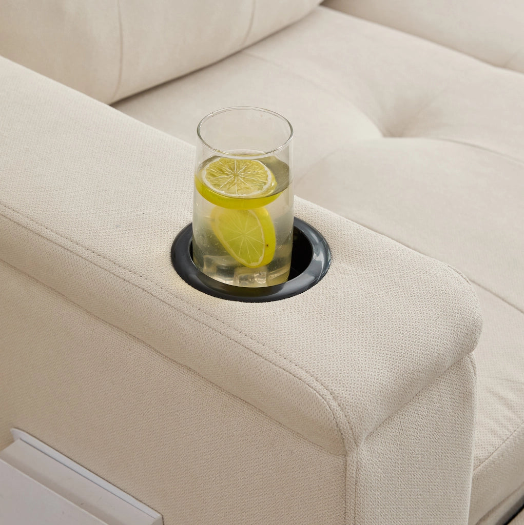 Divano letto pieghevole beige con contenitore e luci LED