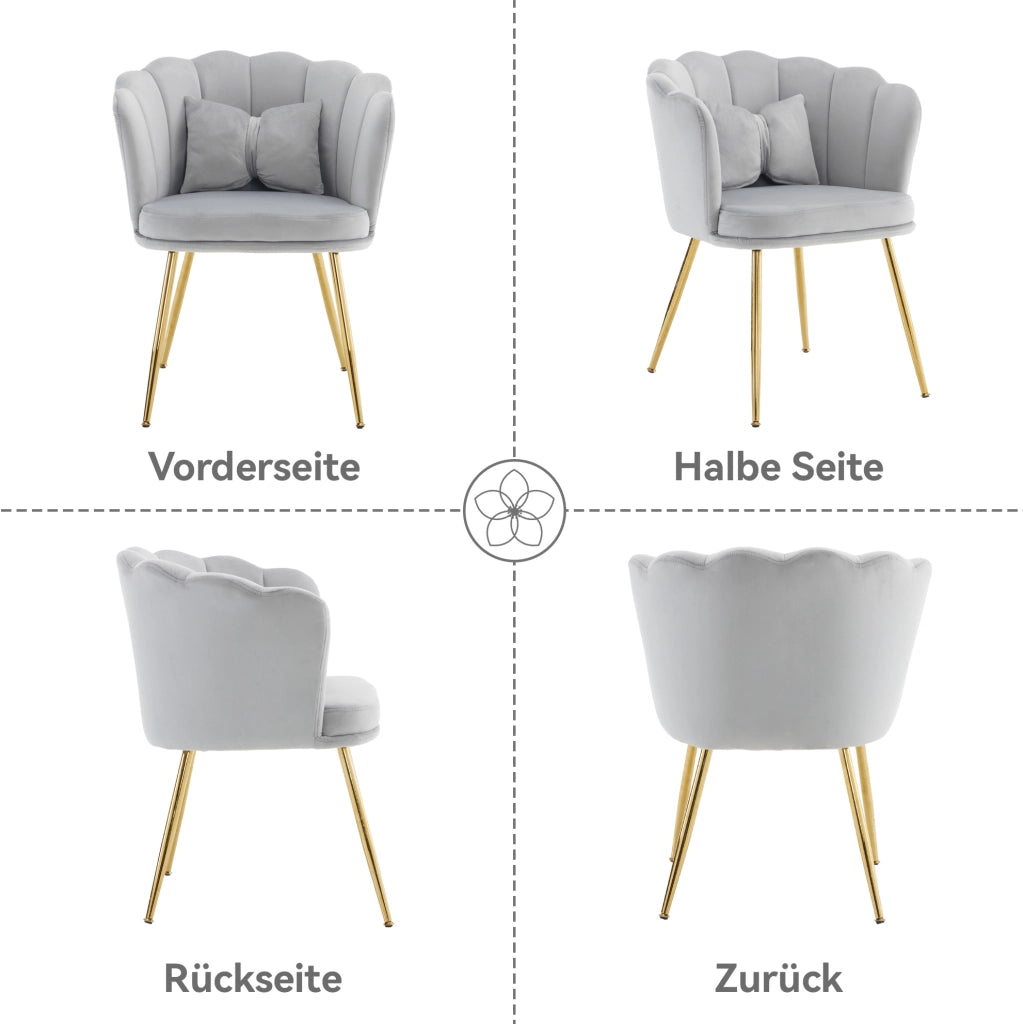 Set di 4 sedie in velluto grigio con schienale a petalo e gambe in metallo dorato; 63x58x77 cm