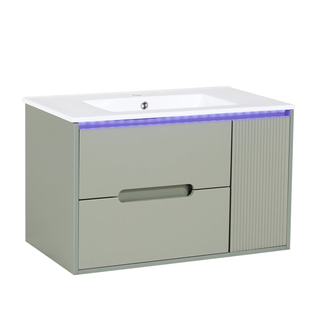 Mobile bagno sospeso 81 cm con lavabo in ceramica, illuminazione LED regolabile e design a onde, colore verde, senza miscelatore