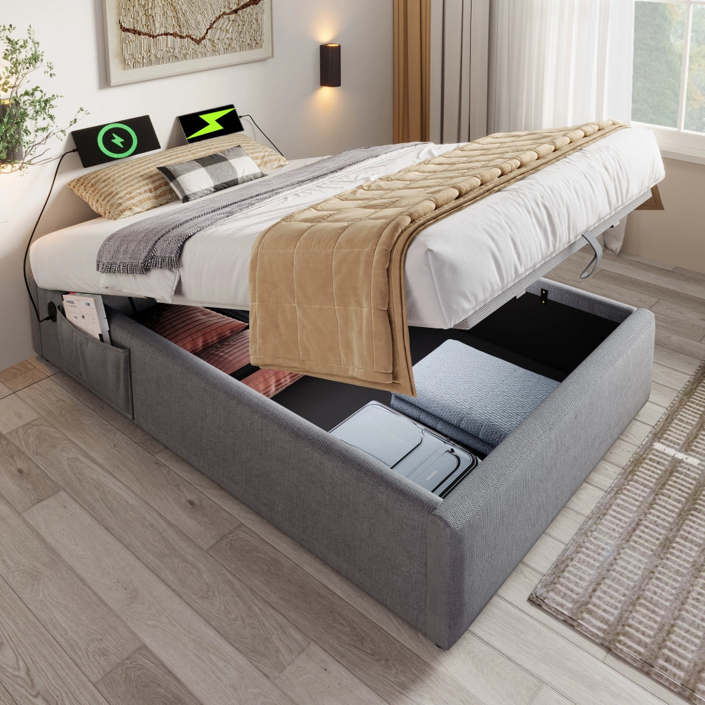 Letto imbottito 90x190 cm con contenitore, USB e Type-C, grigio