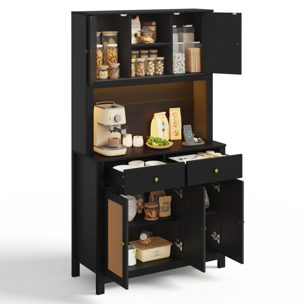 Mobile Dispensa 100x40x180 cm Nero con LED RGB App, 5 Ante Rattan, 2 Cassetti, 2 Prese e 2 USB