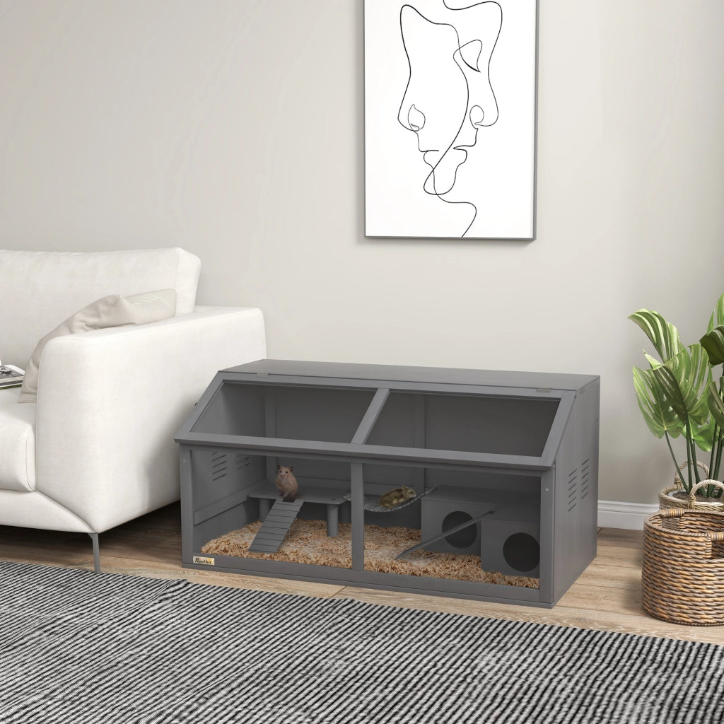 Gabbia per piccoli roditori in legno con piattaforma ponte sospeso e casetta grigio scuro 100 × 52 × 50 cm