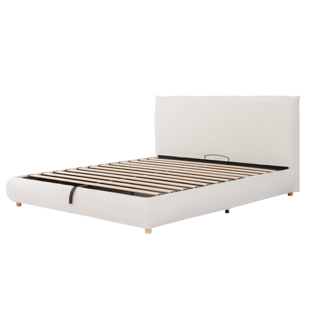 Letto matrimoniale 180x200 cm in bouclé bianco con contenitore idraulico; testiera imbottita e rete a doghe