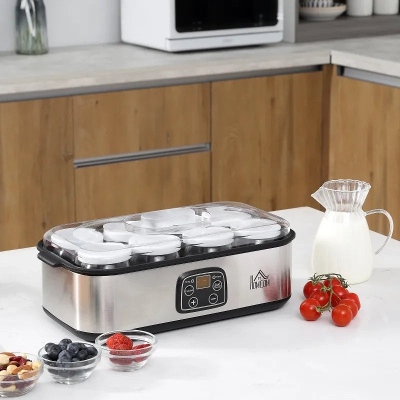 Yogurtiera Greca con Coperchio, 8 Vasetti in Vetro BPA-Free da 180 ml, Display LCD e Timer, Capacità 1,4 L, 25 W, Argento