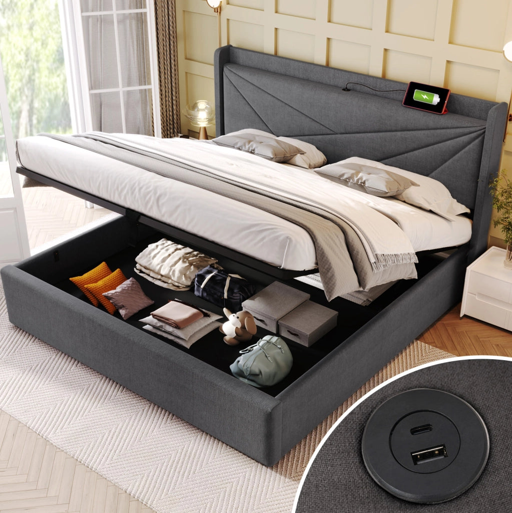 Letto matrimoniale 160x200 cm con contenitore; USB e USB-C; cotone e lino grigio