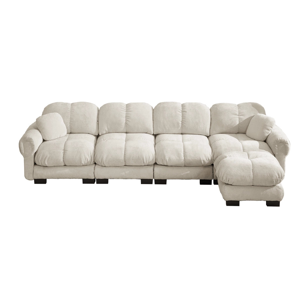 Divano angolare modulare 4 posti in tessuto chenille colore kaki chiaro, con pouf mobile e design ergonomico
