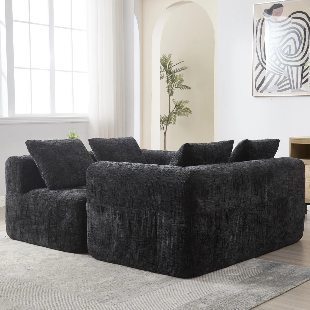 Divano componibile 3 posti con chaise longue e tasche laterali in ciniglia nera, 250x158 cm