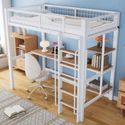 Letto a soppalco 90 × 200 cm con scrivania, scaffali e scala a 5 gradini, senza materasso, bianco naturale