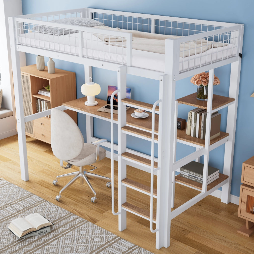 Letto a soppalco 90 × 200 cm con scrivania, scaffali e scala a 5 gradini, senza materasso, bianco naturale