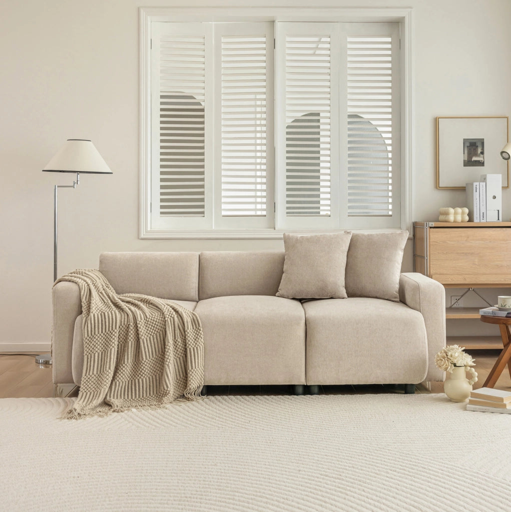 Divano 3 posti in tessuto Chenille con cuscini decorativi, design moderno, 211x67x71 cm