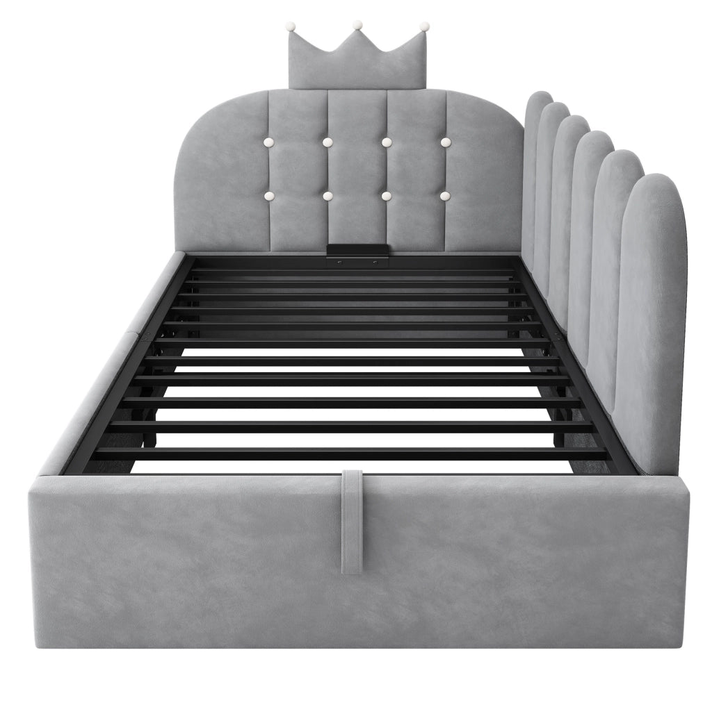 Letto da giorno 90x200 grigio in velluto con contenitore idraulico