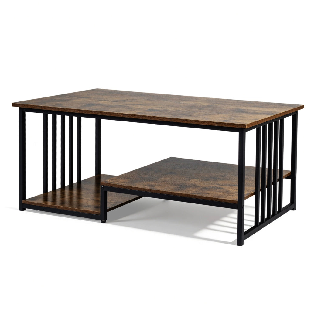 Tavolino da caff¨¨ rettangolare con 2 ripiani portaoggetti e struttura metallica resistente, Tavolo moderno per soggiorno e lounge 110x60x45 cm Marrone rustico