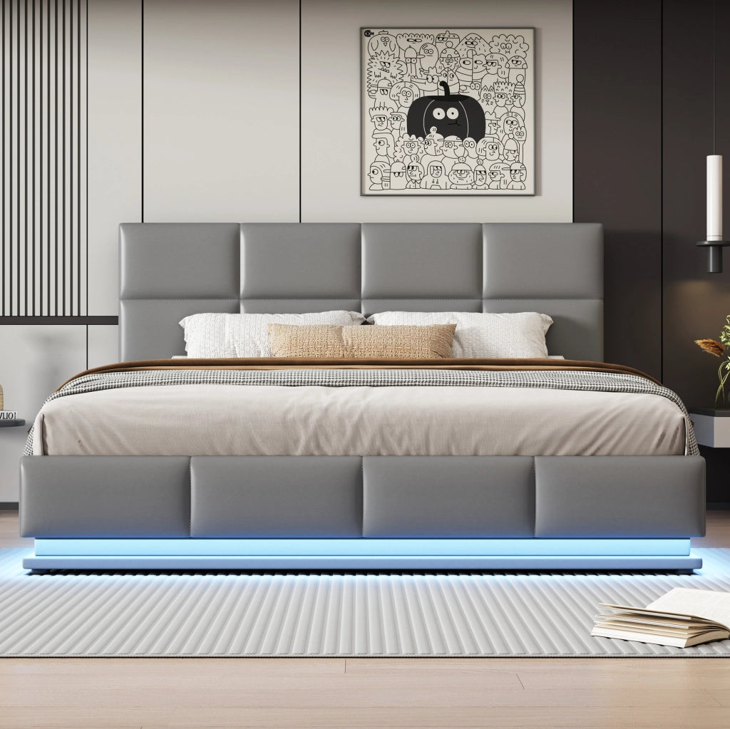 Letto 180x200 cm con contenitore idraulico, LED e rivestimento in similpelle grigio cemento