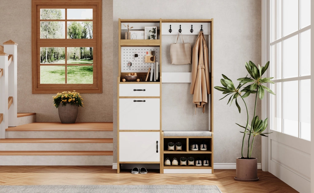 Guardaroba moderno per ingresso con scarpiera, panca imbottita, appendiabiti, cassetto, anta, vano a ribalta e ripiani aperti, rovere/bianco, 108,5 x 35 x 180 cm