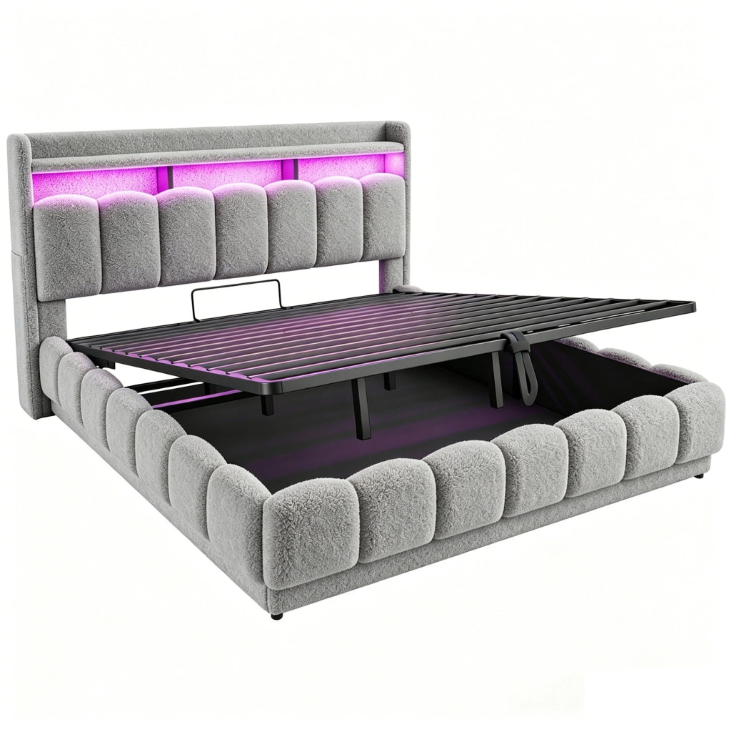 Letto contenitore imbottito ULEVR 180x200 cm con sollevamento idraulico, LED, USB e presa, tessuto boucl¨¦ grigio