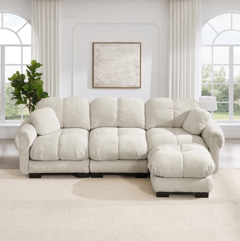 Divano angolare a 3 posti in chenille color kaki chiaro con pouf mobile e 2 cuscini decorativi
