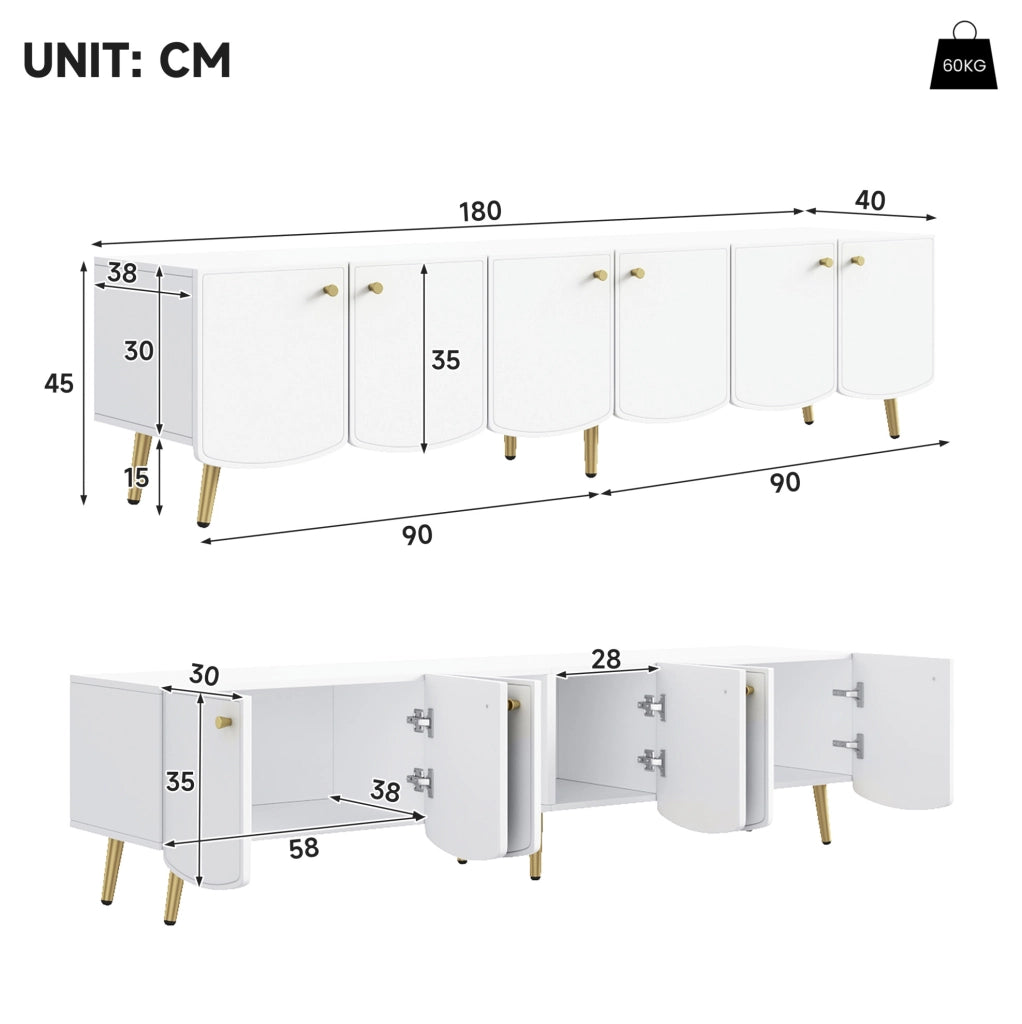 Mobile TV 180 cm con 6 ante in truciolare bianco e oro HOMVRA