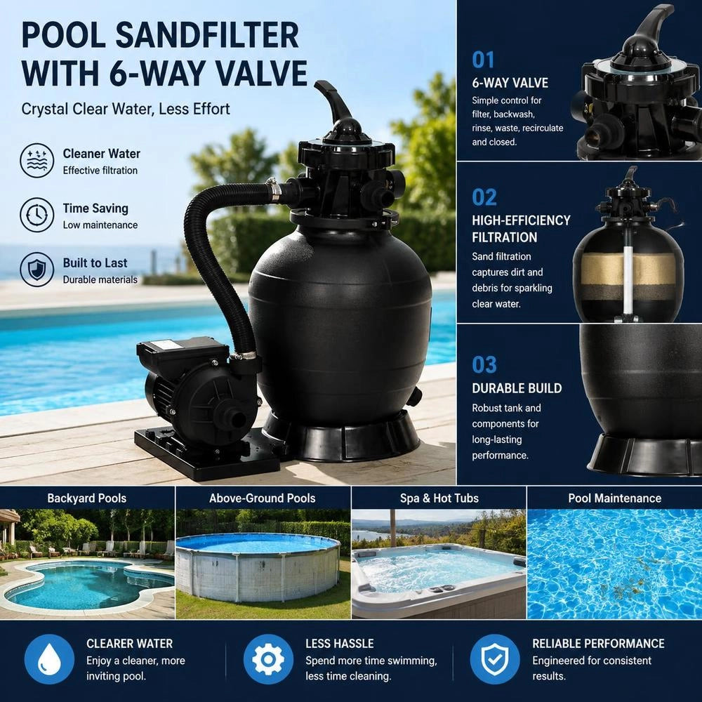 Pool Sand Filter With 6-way Valve, Black