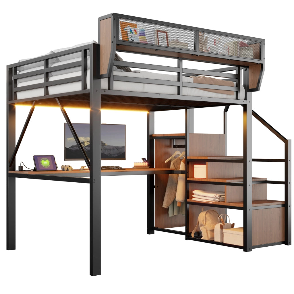 Letto a Soppalco 140x200 in Metallo con Scrivania; Luci LED e Prese Integrate; Nero
