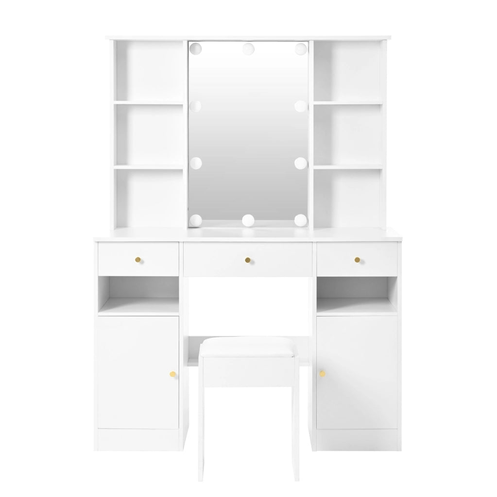 Toeletta con specchio LED 110x40x151 cm con 3 cassetti e 2 ante bianca HAVRYA