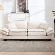 Divano a due posti in velluto beige con struttura in legno e gambe in plastica, 224x81x81 cm