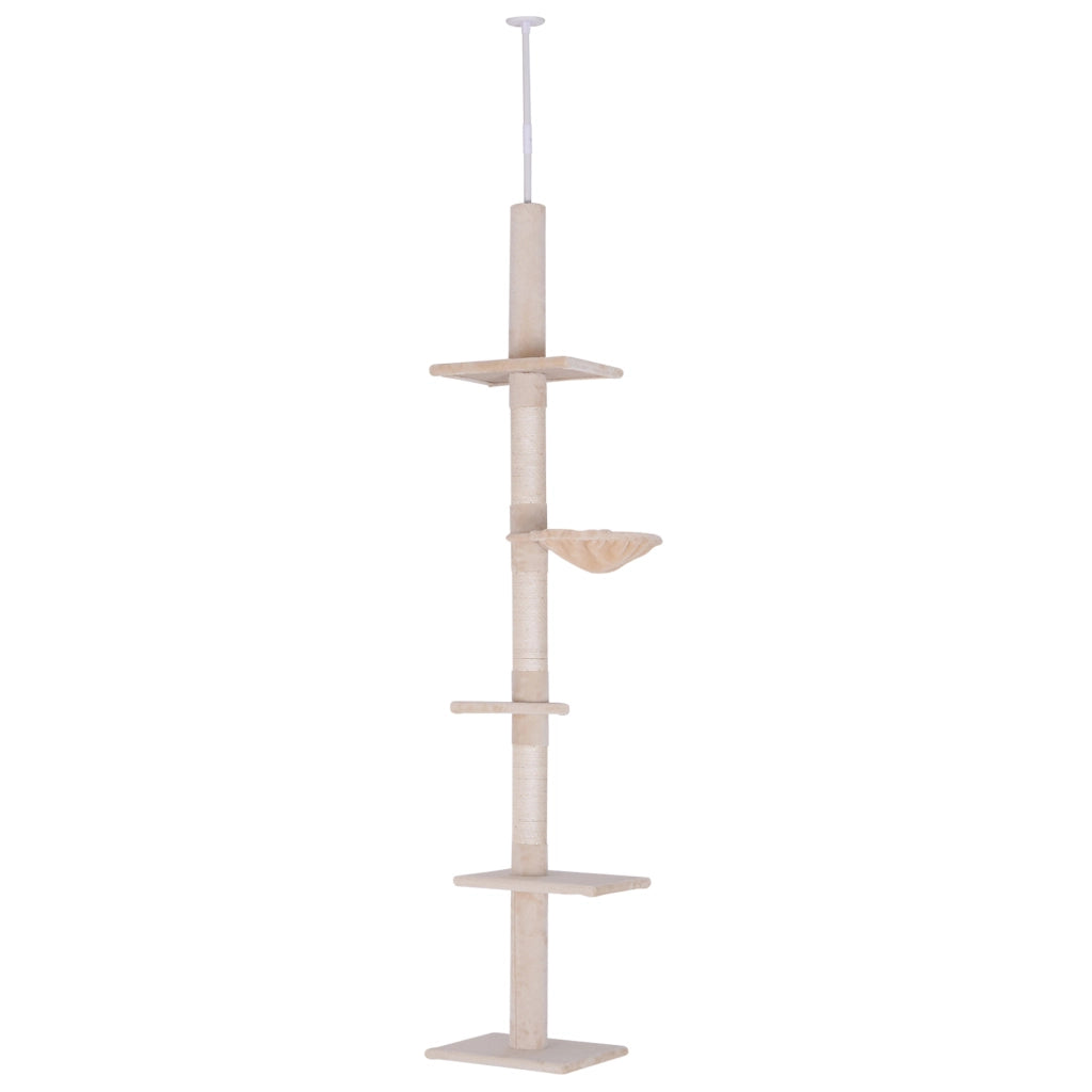 Tiragraffi da soffitto regolabile per gatti a 5 livelli con rivestimento in peluche e sisal beige 40 × 34 × 230–260 cm