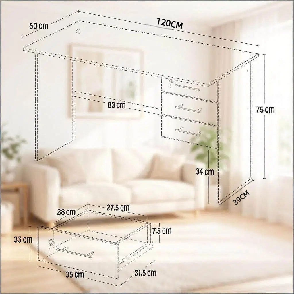 Scrivania dritta per computer con 3 cassetti e serratura, per ufficio e studio, in legno bianco, 120 × 59 × 75 cm
