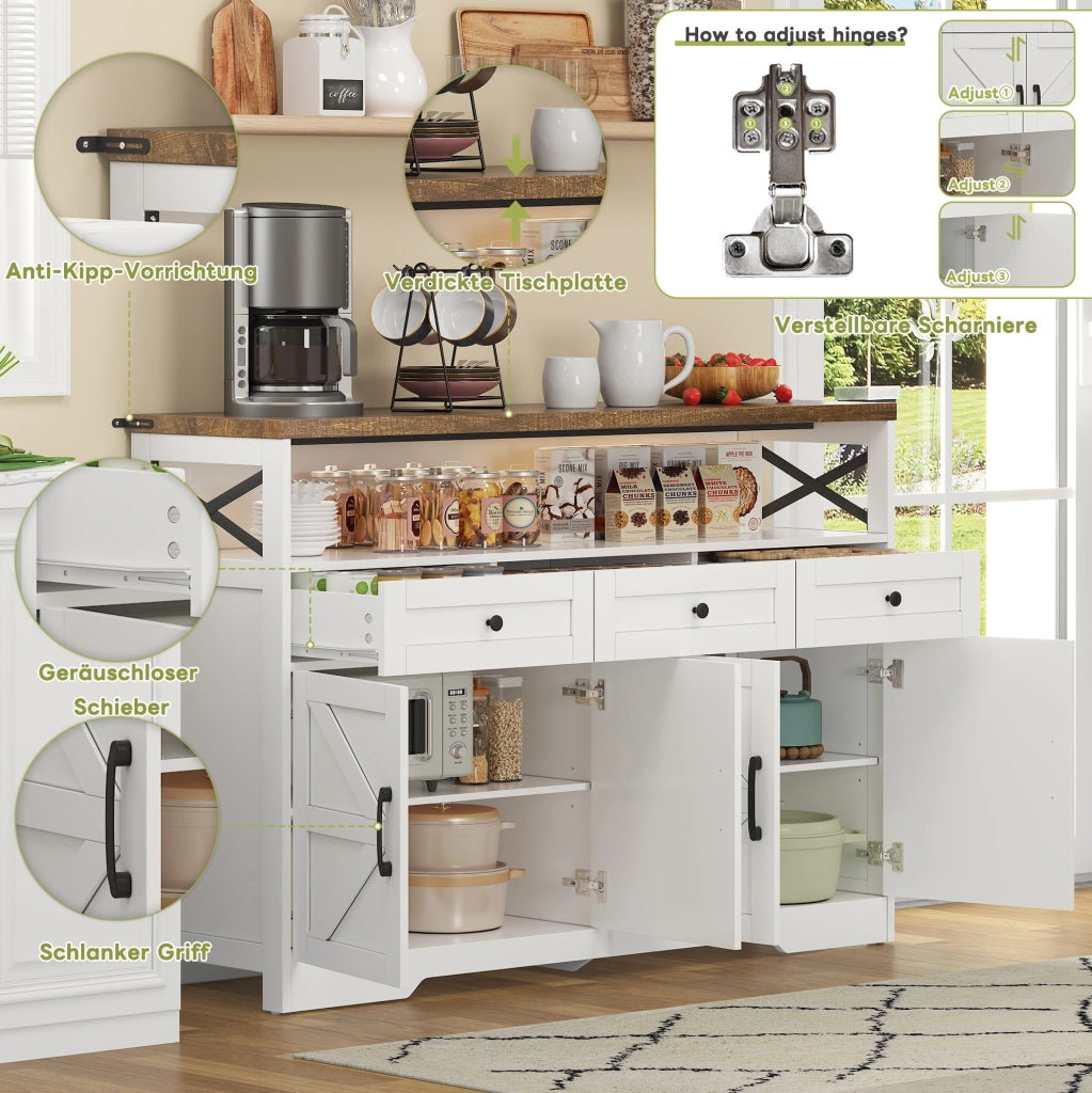 Credenza rustica con 3 cassetti e vani contenitori, 140 cm