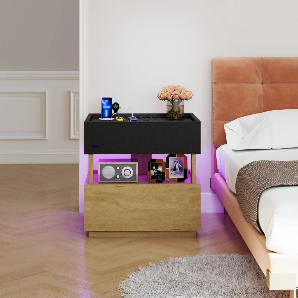 Comodino con ricarica senza fili, porte USB, LED e 2 cassetti bicolore per camera da letto, 50 × 40 × 50 cm
