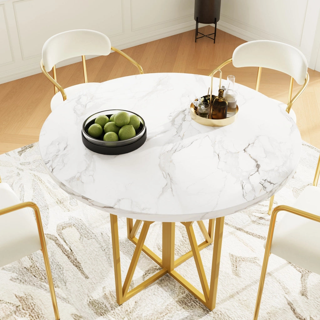 Tavolo rotondo 80 cm MDF effetto marmo, gambe metallo dorato, 4-6 persone