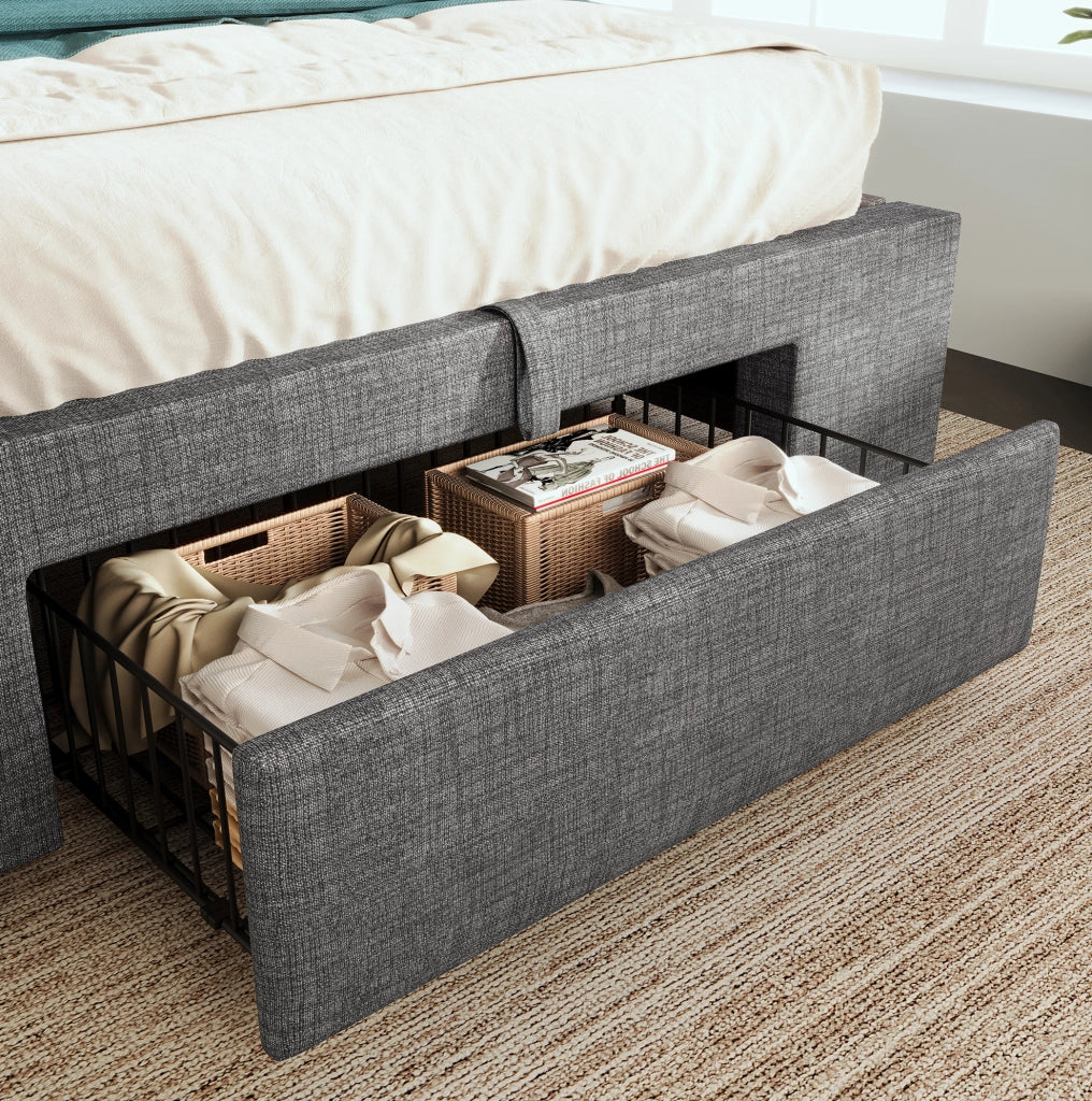 Letto imbottito 90x200 cm con contenitore idraulico, testiera con vano portaoggetti, illuminazione LED e porte USB/USB-C, struttura con doghe in legno, grigio in lino, senza materasso