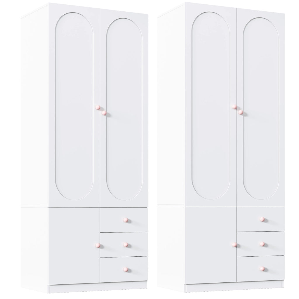 Desviae Armadio con 2 ante e 3 cassetti in MDF bianco con finitura laccata e maniglie rosa per camera