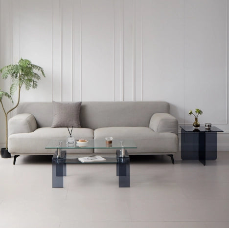 Tavolino basso fisso a due ripiani in vetro temperato trasparente con gambe grigie per soggiorno 100 × 55 × 45 cm