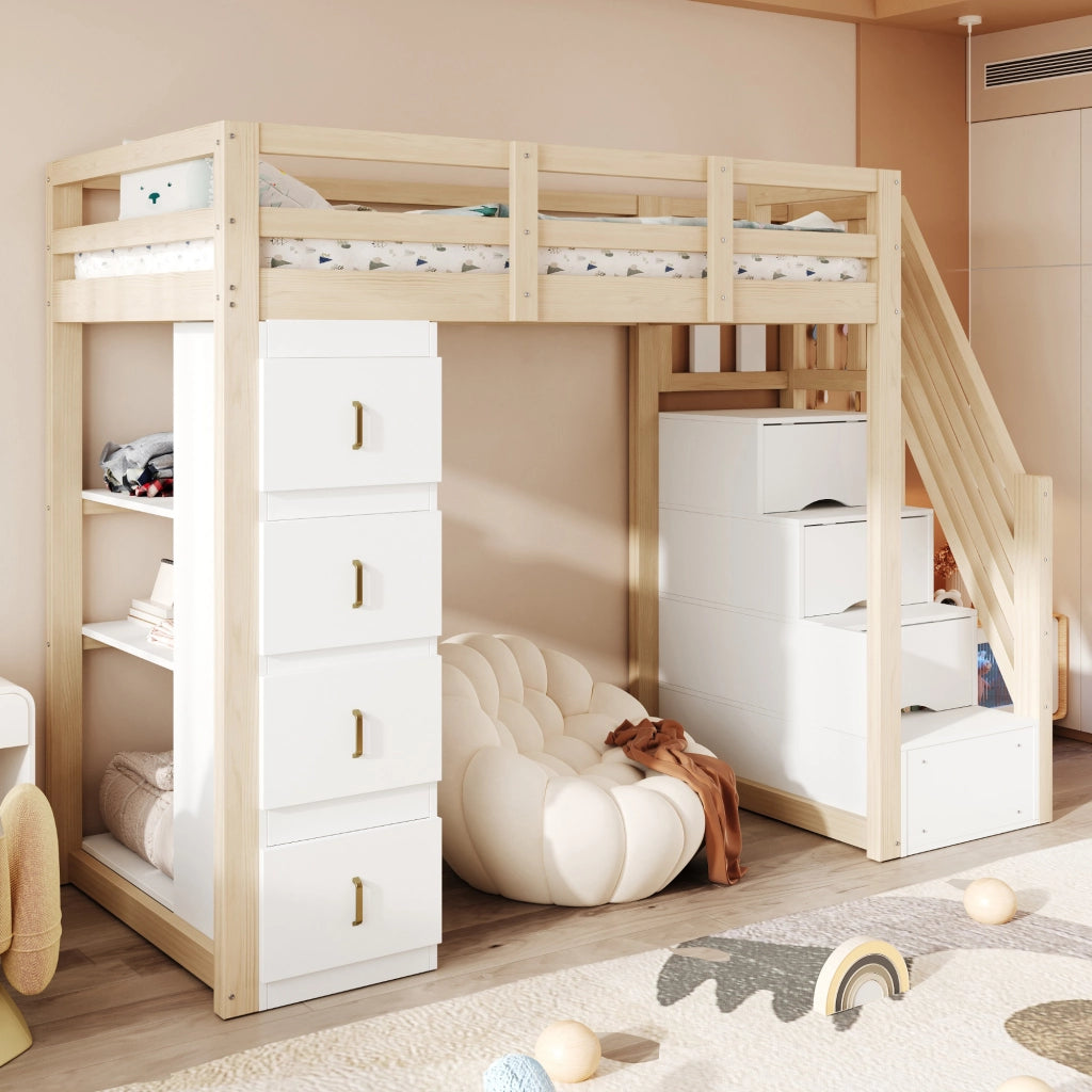 Letto a soppalco 90x200 cm con cassetti contenitore in legno massello naturale