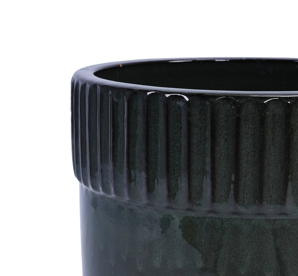 Set di 3 Vasi in Ceramica Artigianali Ø 38/30,5/23 cm, Verde Scuro Lucido con Righe Verticali, con Fori di Drenaggio per Giardino e Balcone