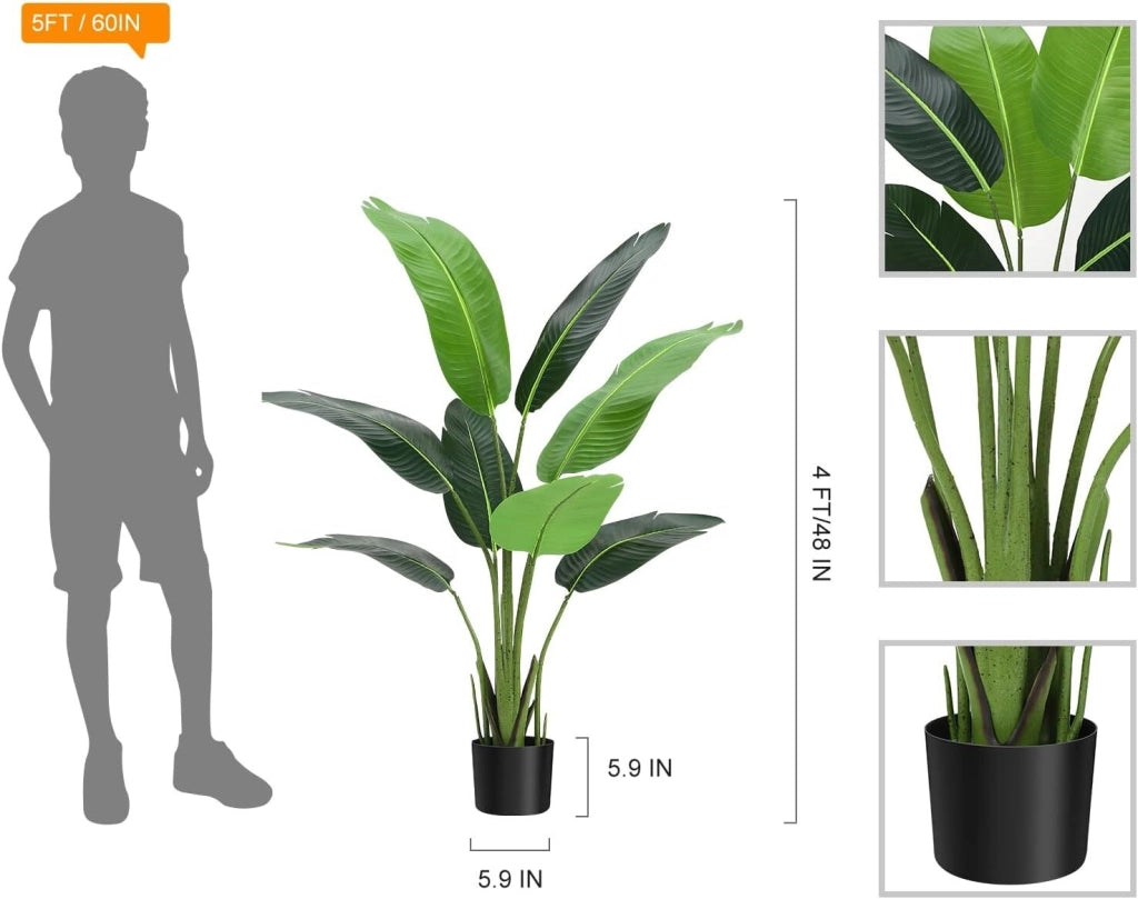 Set 2 Piante di Banano Artificiale 120 cm Foglie Tropicali con Vaso da Interno