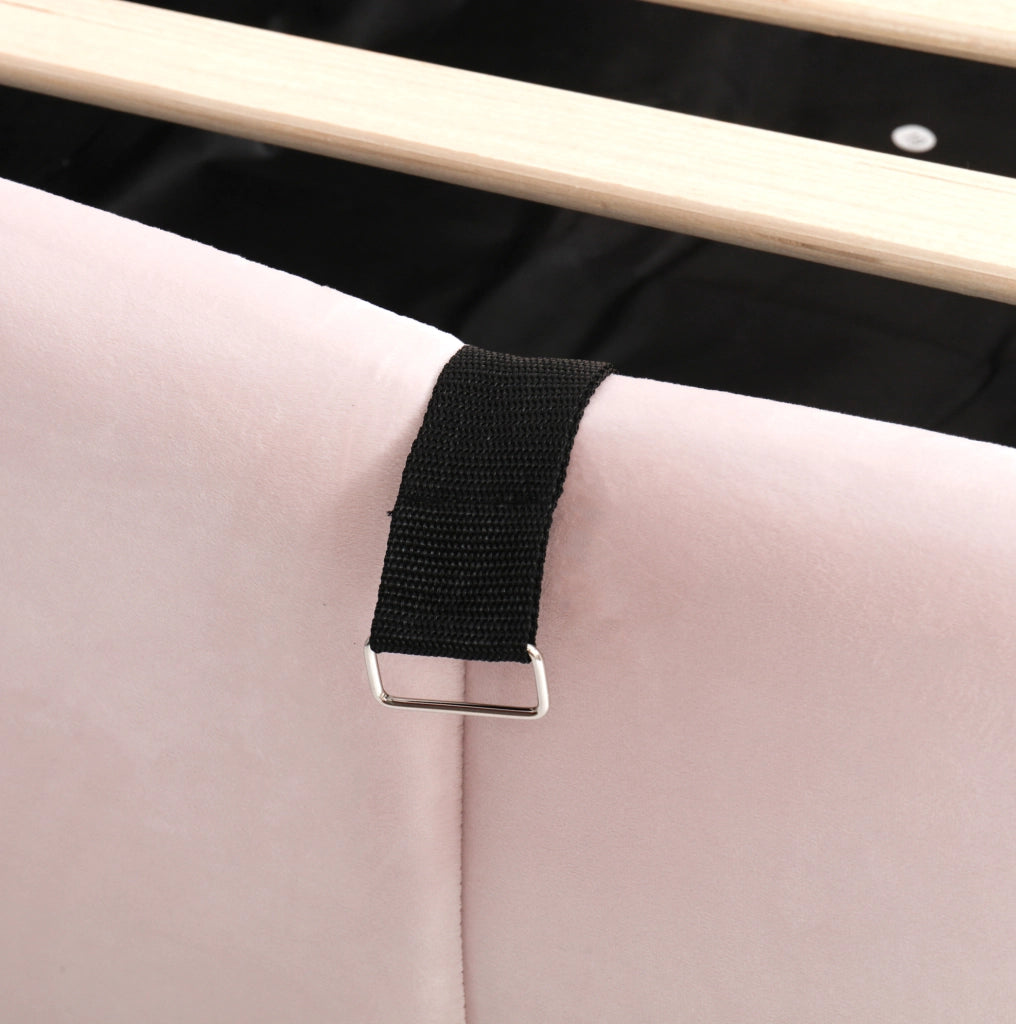 Letto contenitore multifunzione 90x200 cm in velluto rosa con ricarica USB e tasche laterali