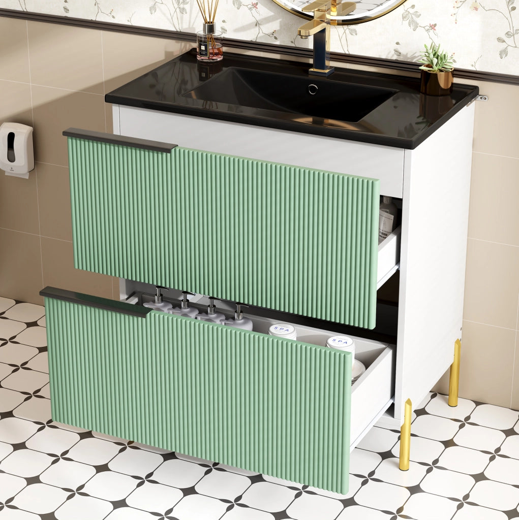 Mobile lavabo da bagno con lavabo in ceramica e cassetti in MDF verde
