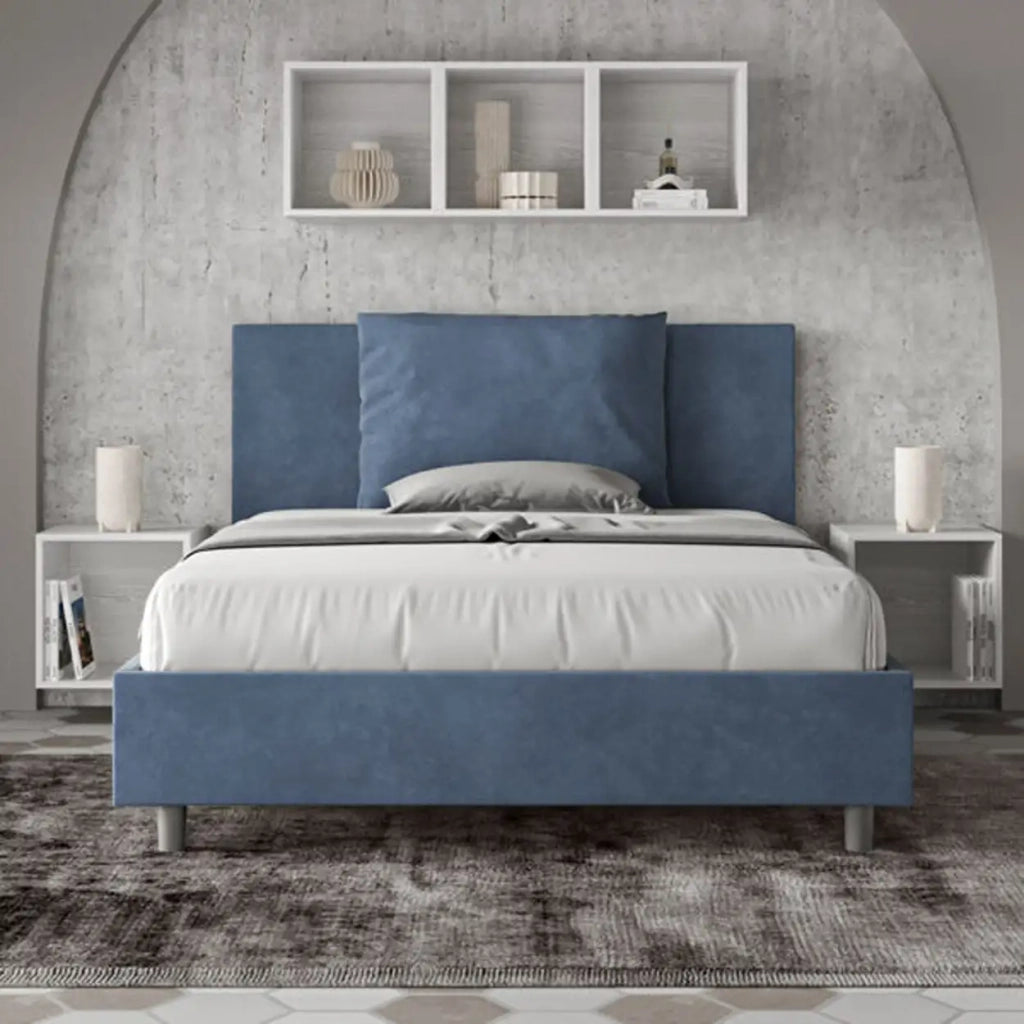 Letto matrimoniale francese senza rete imbottito 140x190 microfibra blu Antea