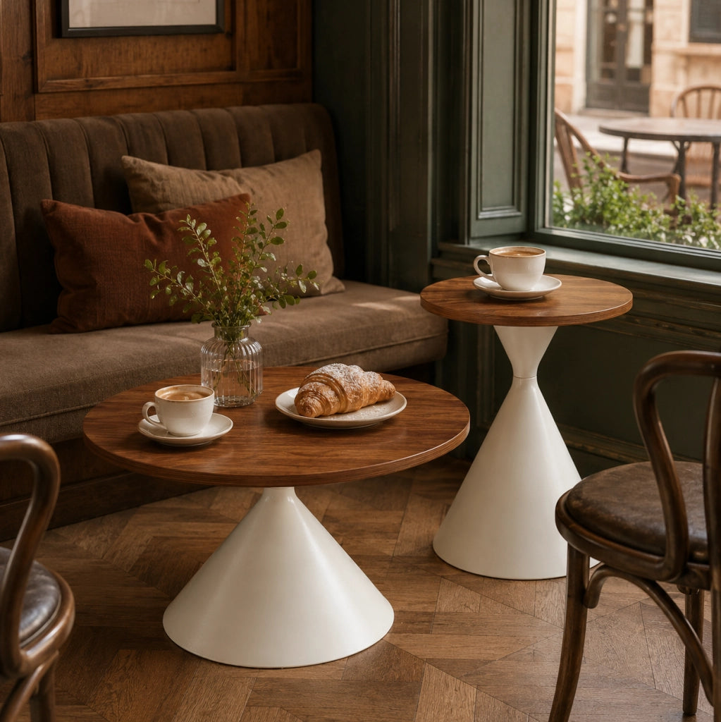Set di 2 tavoli rotondi, Ø70xH40 cm e Ø50xH50 cm, piano noce caldo e struttura in acciaio color crema per soggiorno e zona notte