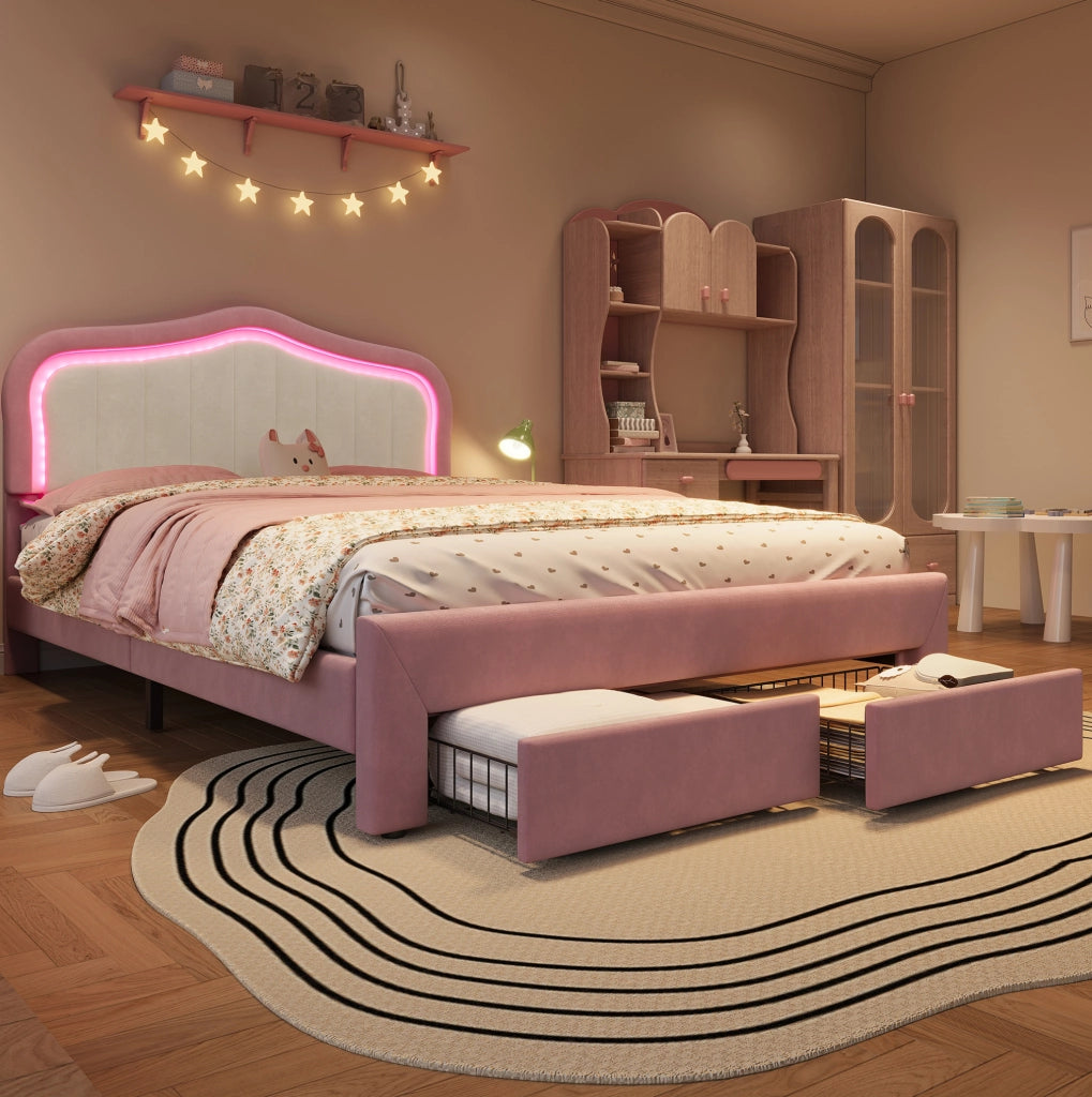 Letto imbottito per bambini 140x200 cm in velluto rosa con 2 cassetti e LED controllati via app HOMVRA