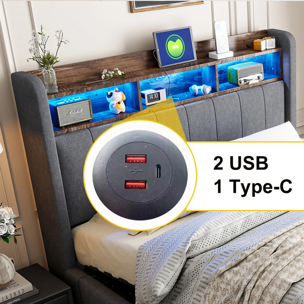 Letto imbottito 140 × 200 cm con contenitore idraulico LED USB e Type-C testiera con ripiani in tessuto di lino grigio