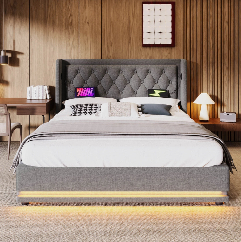 Letto matrimoniale 160x200 cm con contenitore; USB Type-C; LED a 3 lati; grigio in cotone