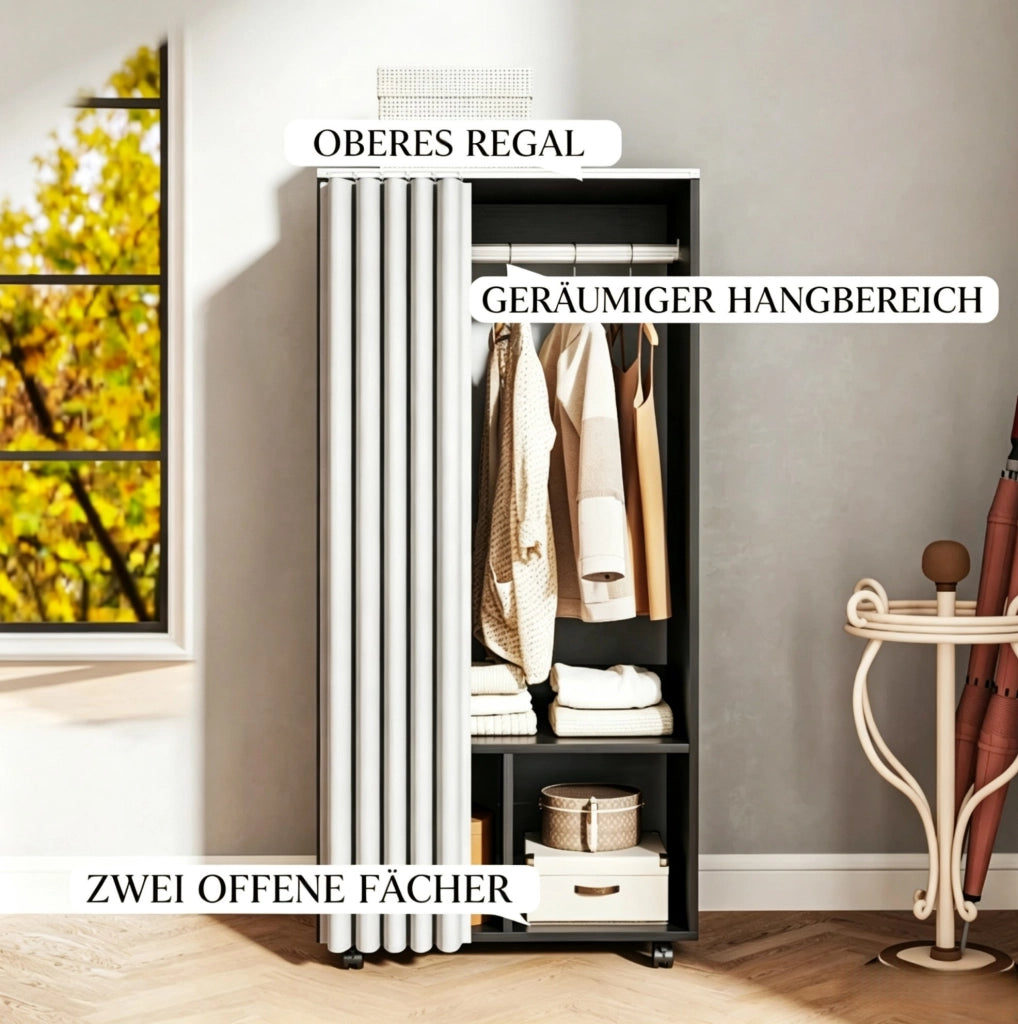 Appendiabiti mobile in pannelli truciolari con tendina opaca, struttura 60x40x128 cm, ideale per organizzare abiti in modo flessibile