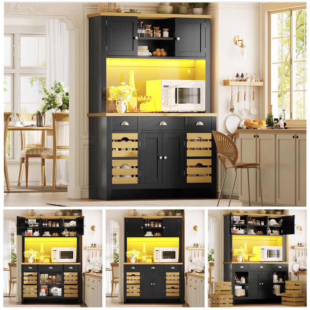 Mobile alto con LED RGB ante soft-close ripiani regolabili e 4 cestini in MDF nero per cucina soggiorno