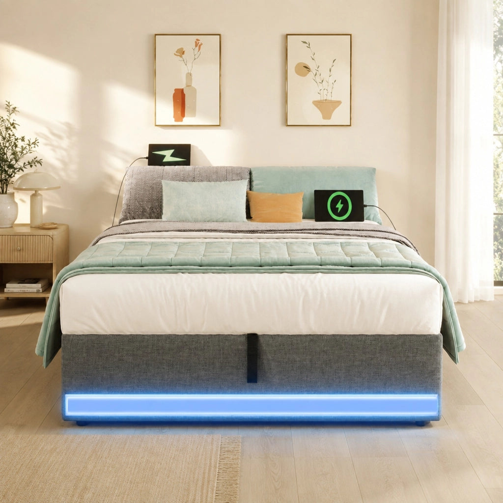 Letto contenitore 90 × 200 cm con LED USB e porta Type-C in lino grigio