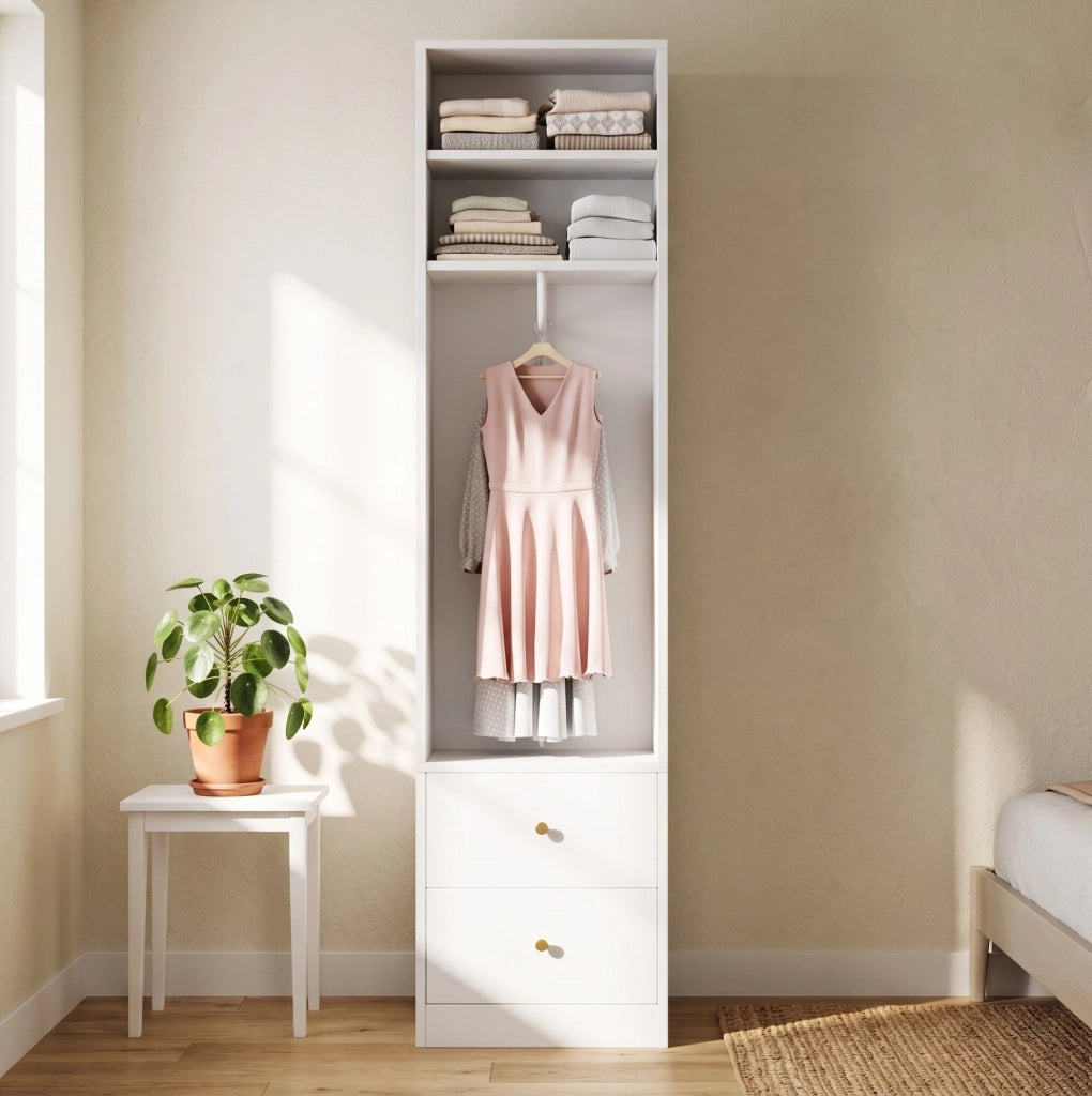 Armadio stretto bianco con 2 cassetti e 1 bastone appendiabiti, 50x30x200 cm